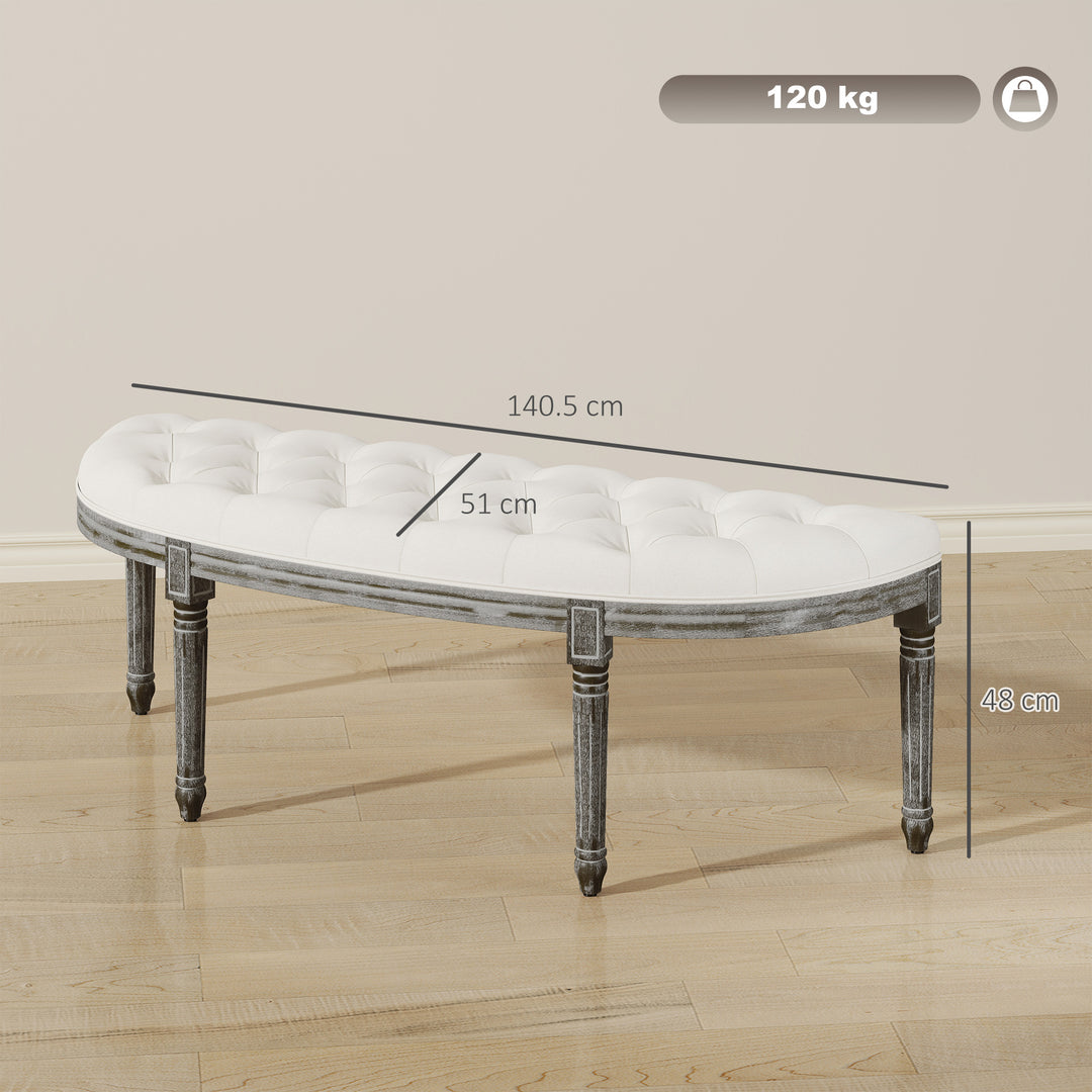 MCL Half-Circle End Bench Ottoman Footstool Tufting Padded Seat Brushed Wood Base Antique Accents Home Seat Furniture Cream White and Light Wood Grain Leg