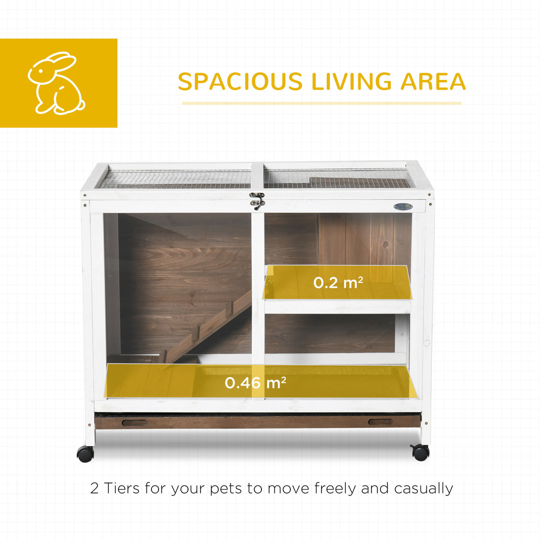 Wooden Rabbit Hutch, Bunny Cage w/ Tray, Ramp, Openable Roof, Wheels, 91.5 x 53.3 x 73cm - Brown