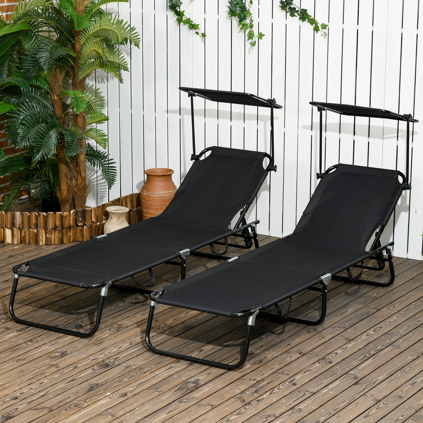 Set of Two Folding Sun Loungers, with Adjustable Backs and Sun Canopies - Black