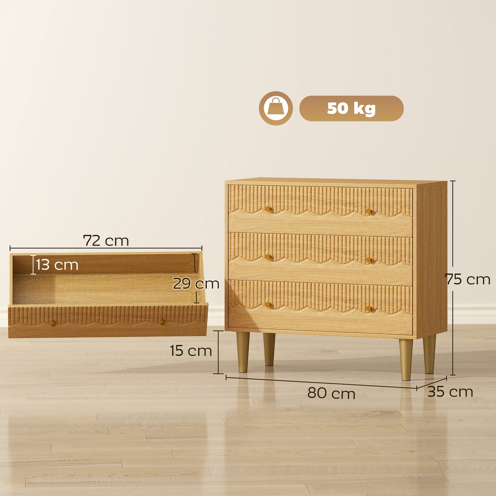 Dresser for Bedroom 3 Drawer Chest of Drawers with Steel Frame for Liv