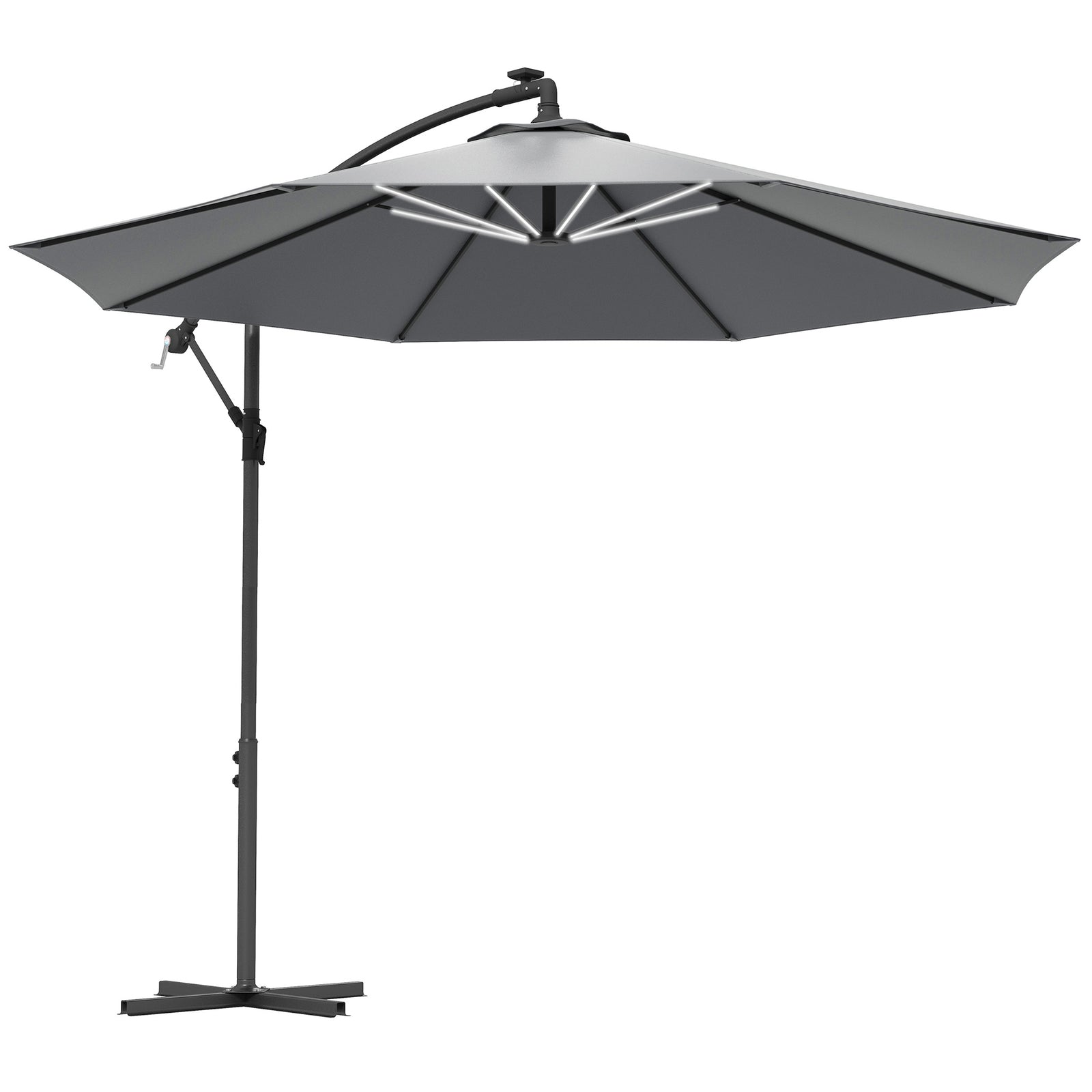 3(m) Cantilever Parasol with Solar LED Lights, Garden Umbrella with Cross Base and Crank Handle, Hanging Offset Banana Sun Shade for Outdoor, Patio, Grey