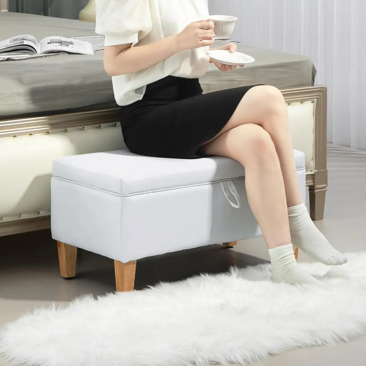 30L Linen Storage Ottoman Padded Footstool with Rubberwood Legs for Storage Box, Bed End, Shoe Bench, Seating, Cream White