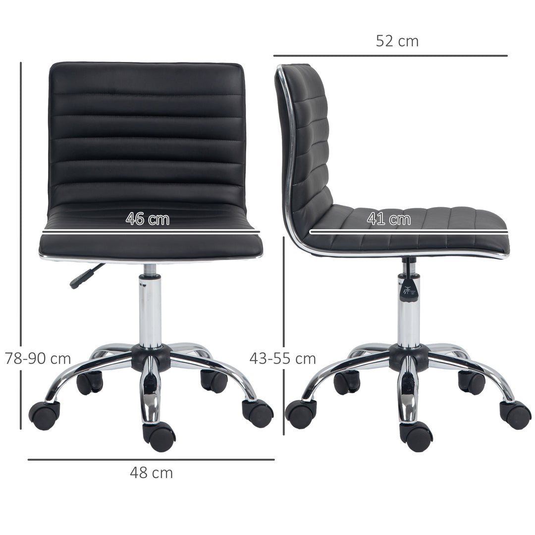 Armless Task Desk Chair, Swivel Office Chair with Faux Leather, Adjustable Seat Height, Chrome Base, Wheels for Home, Black