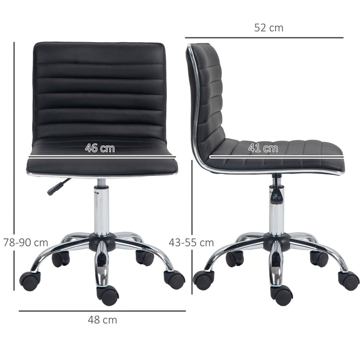 Armless Task Desk Chair, Swivel Office Chair with Faux Leather, Adjustable Seat Height, Chrome Base, Wheels for Home, Black