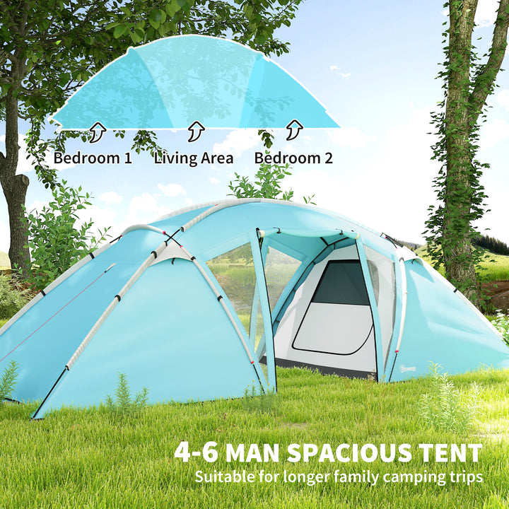 4-6 Man Family Camping Tent w/ 2 Bedrooms and a Living Room, Waterproof Tunnel Tent w/ Sewn In Groundsheet, Doors, Windows, Carry Bag, Blue
