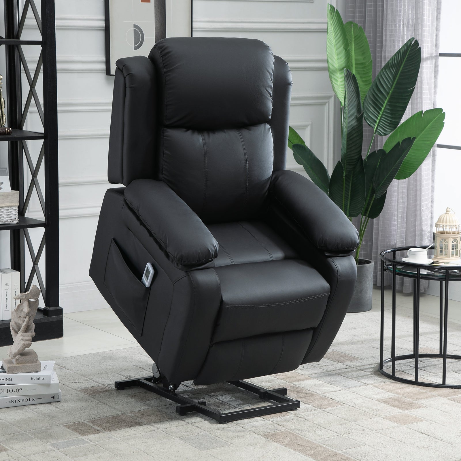 Riser and Recliner Chair with Massage, Power Lift Recliner Chair for Elderly with Remote Control, Extended Footrest, Dual Side Pockets, Overstuffed Electric Reclining Armchair, Black