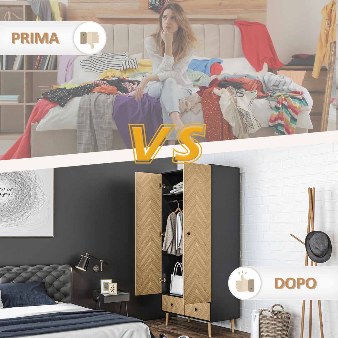 Modern Wardrobe Cabinet Wood Grain Sticker Surface with Shelf, Hanging Rod and 2 Drawers 90x50x190cm