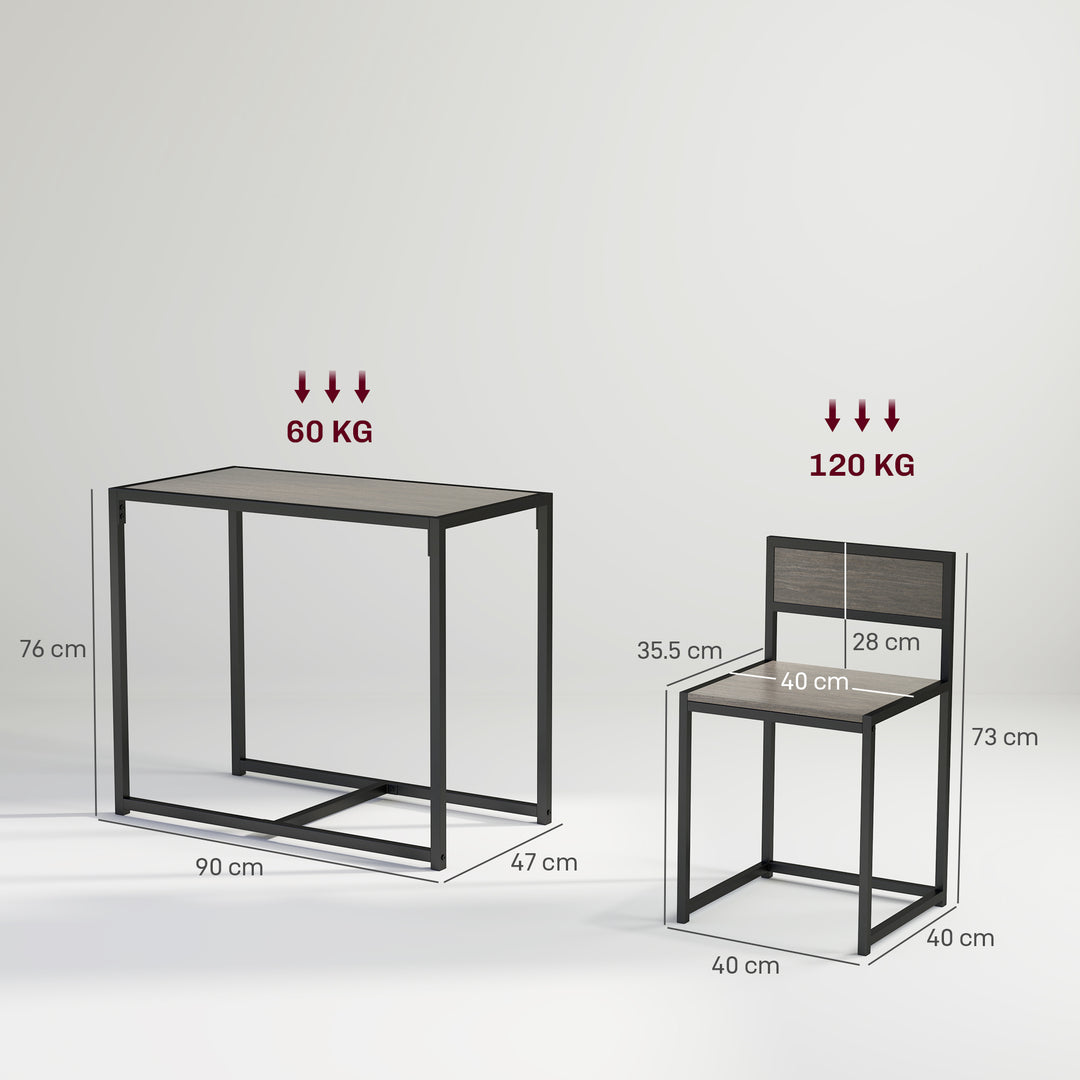 HOMCOM Dining Table and Chairs Set 2, Dining Room Sets, Rectangular Space Saving Table and 2 Chairs for Compact Kitchens, Steel Frame, Grey Wood-Effect