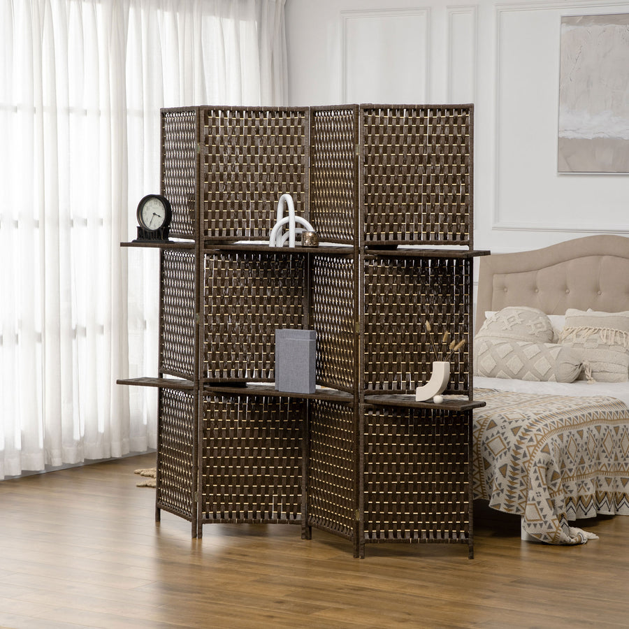 4-Panel Room Dividers with Shelves, Wave Fibre Freestanding Folding Privacy Screen Panels, Partition Wall Divider for Indoor Bedroom Office, 180 cm, Brown