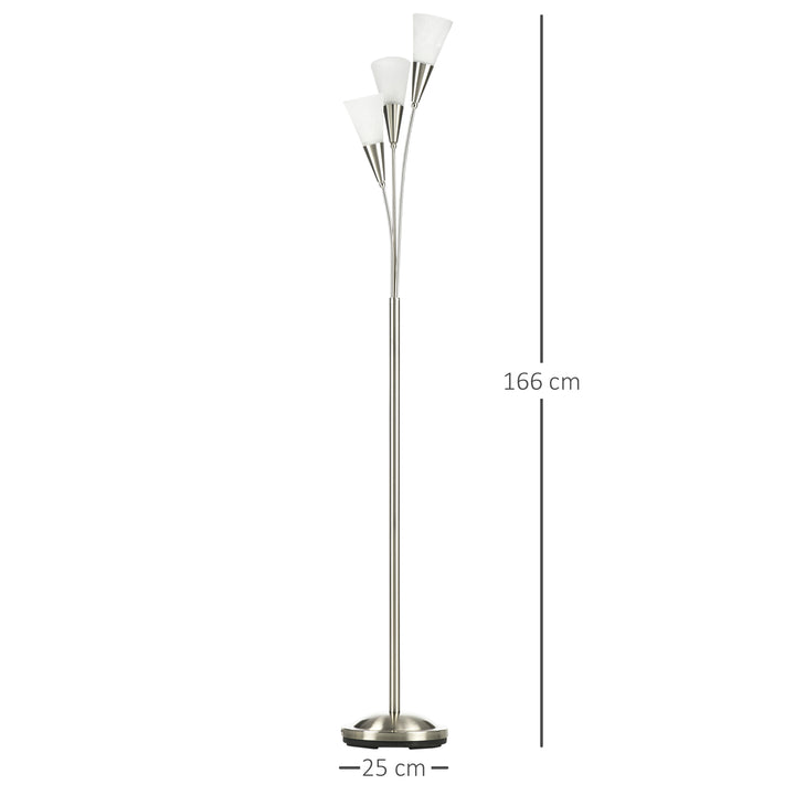 HOMCOM Modern Floor Lights with 3-Light Upright Design, Foot Switch, Steel Frame, Floor Standing Lamp for Living Room & Bedroom, Silver | Aosom UK