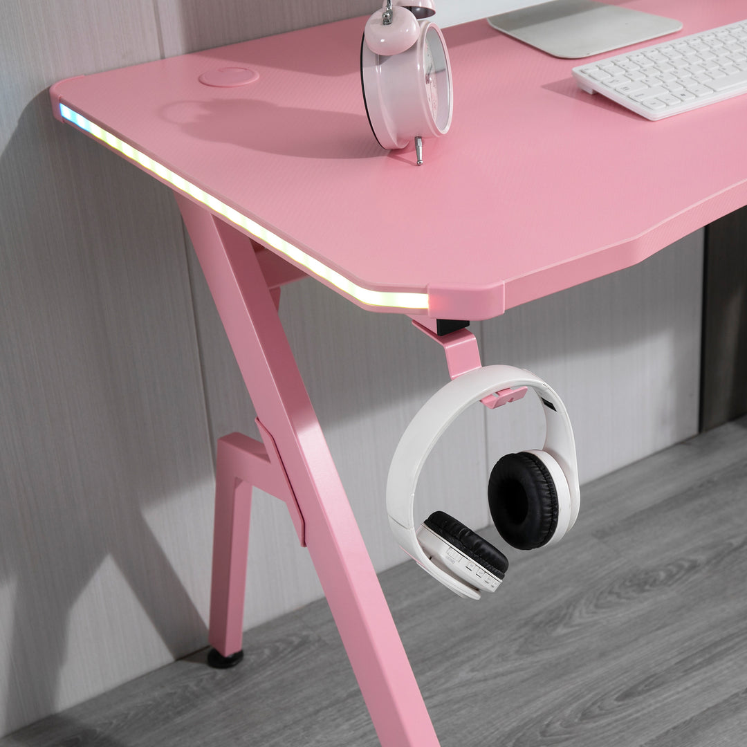 RGB 120 x 66cm Gaming Desk, Computer Table with Carbon Fibre Surface, Headphone Hook, Cup Holder, Controller Rack, Home Office Desk, Pink