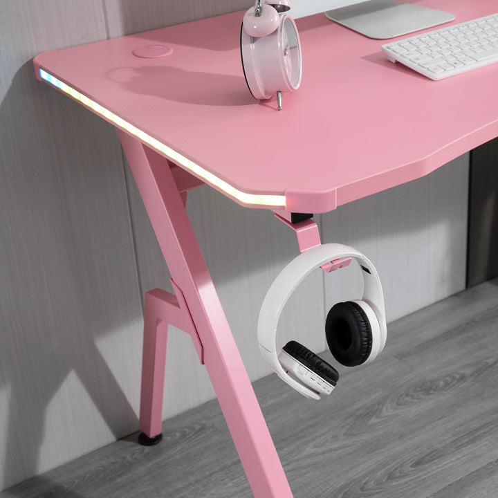 RGB 120 x 66cm Gaming Desk, Computer Table with Carbon Fibre Surface, Headphone Hook, Cup Holder, Controller Rack, Home Office Desk, Pink