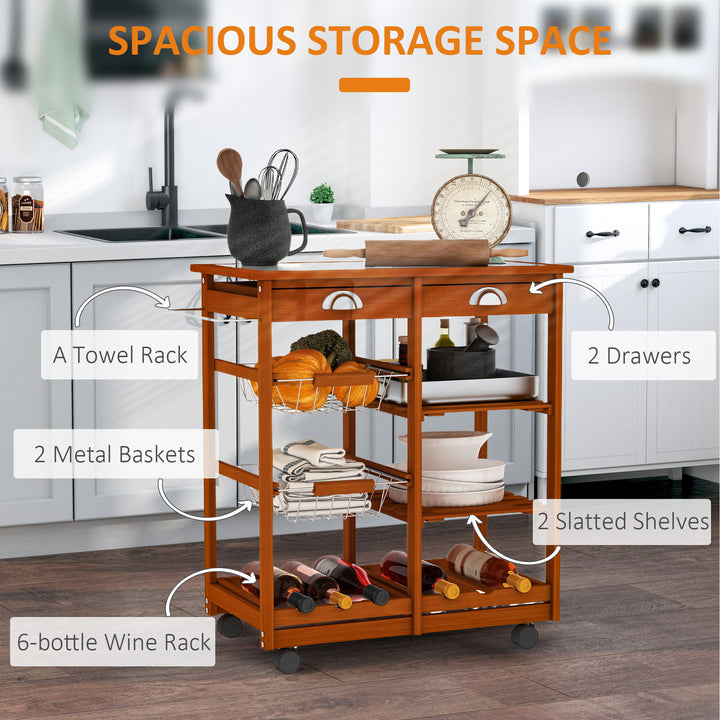 Rolling Kitchen Island Trolley Cart Drawer Shelves Basket Wheels W/ 6 Bottle Wine Rack, Honey Colour