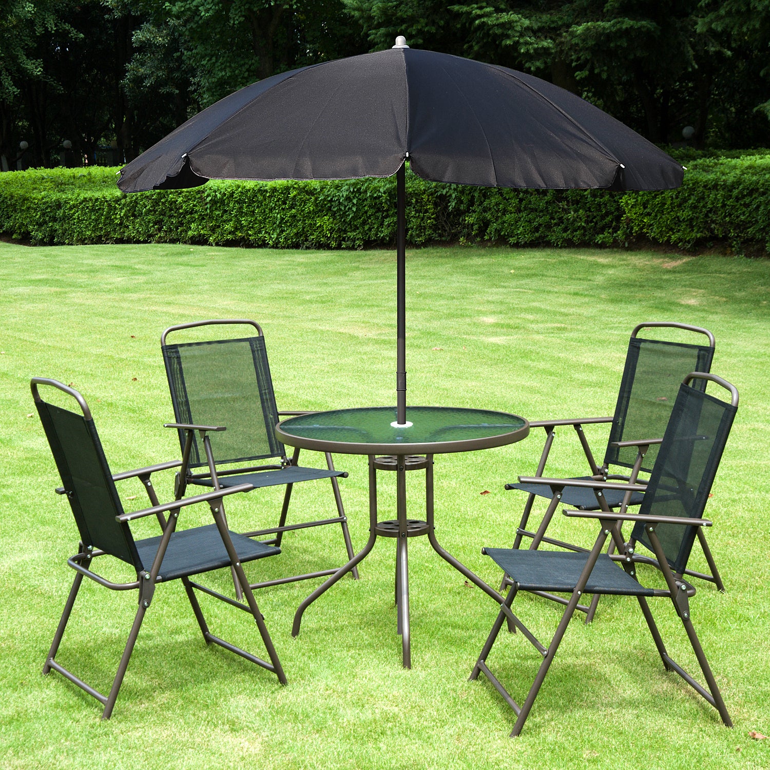 6 Piece Garden Dining Set with Umbrella, Patio Sets with Parasol with 4 Folding Dining Chairs & Round Tempered Glass Table, Black