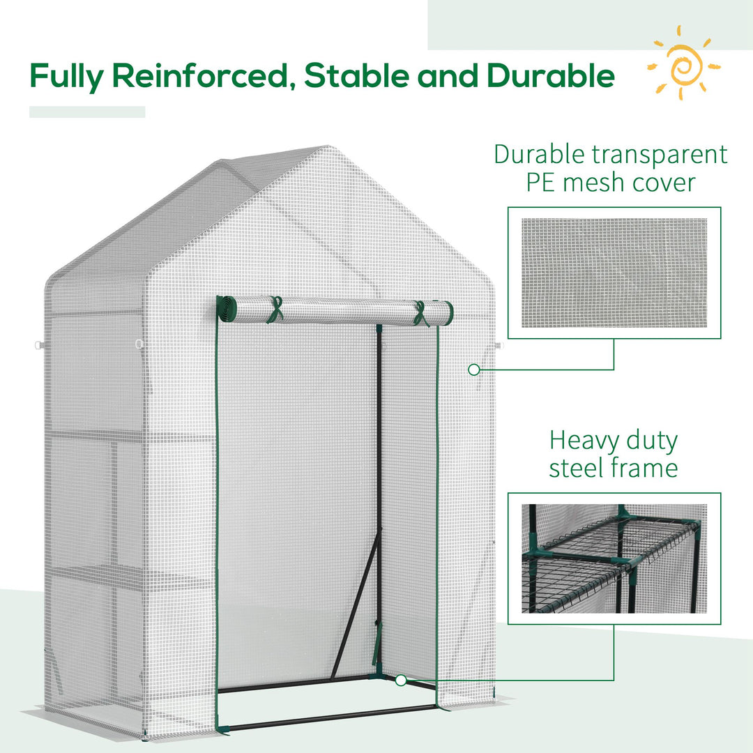 MCL Walk In Greenhouse with 2 Tier Shelf, Portable Gardening Plant Grow House Tomato Greenhouse with Roll up Zip Panel Door, Reinforced PE Cover, 143 x 73 x 195cm, Green