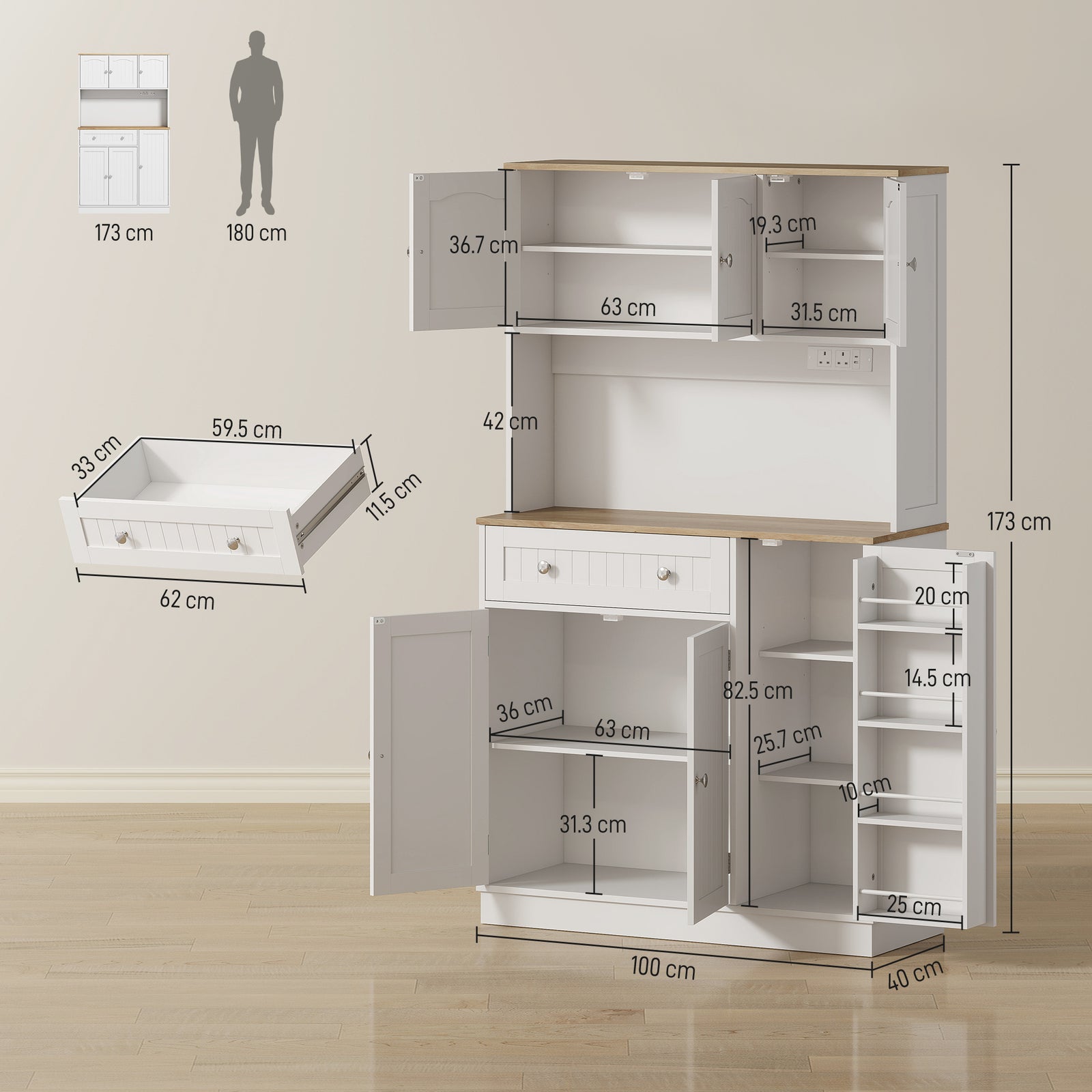 173 cm Tall Kitchen Cupboard with Charging Station, Pantry Storage Cab