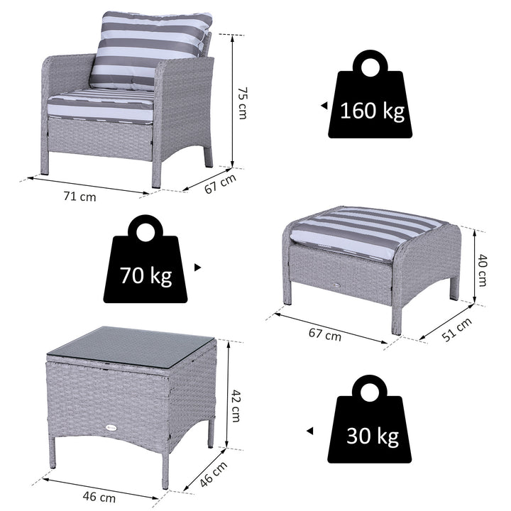 Outsunny 2 Seater PE Rattan Garden Furniture Set, 2 Armchairs 2 Stools Glass Top Table Cushions Wicker Weave Chairs Outdoor Seating - Grey | Aosom UK