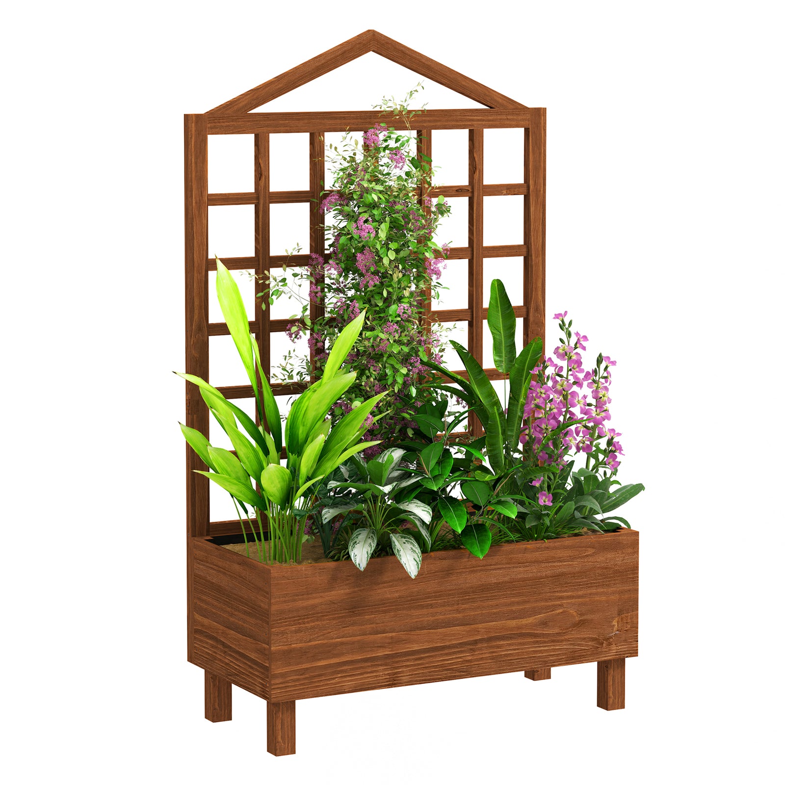 Garden Planters with Trellis for Vine Climbing, Distressed Wooden Raised Beds, 90x43x150cm, Brown