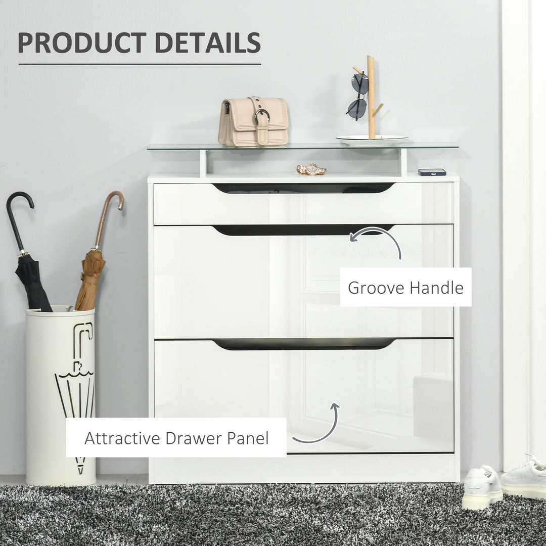 Shoe Storage Cabinet with Slide Out Drawer, 2 Flip Doors, Tempered Glass Top - White