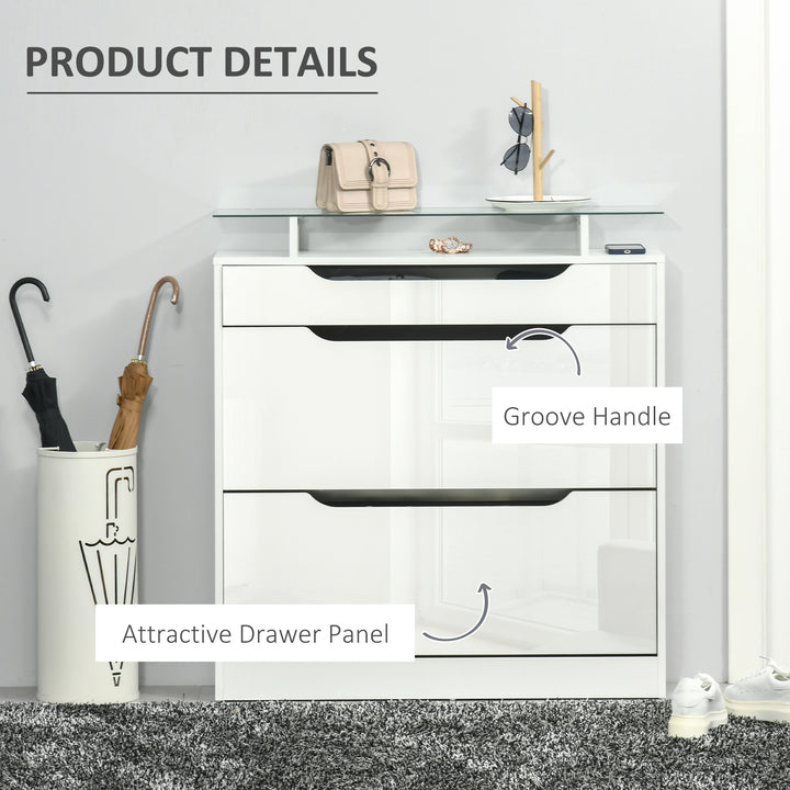 Shoe Storage Cabinet with Slide Out Drawer, 2 Flip Doors, Tempered Glass Top - White