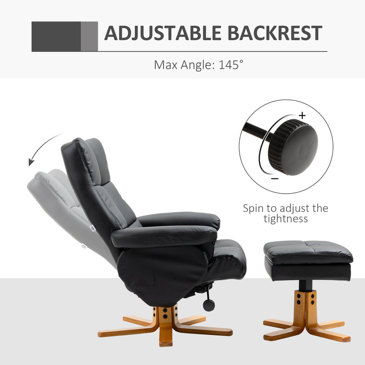 Recliner Armchair, Swivel Reclining Chair With Ottoman, Swivel Faux Leather Chair with Wooden Base and Storage Footstool for Living Room, Black
