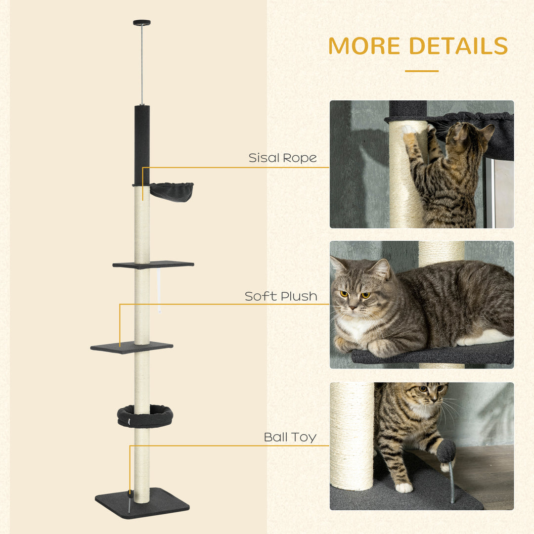 PawHut 5-Tier Cat Tree, Adjustable Height Floor to Ceiling Tower, Multi-Level Climber with Scratching Posts, Black | Aosom UK