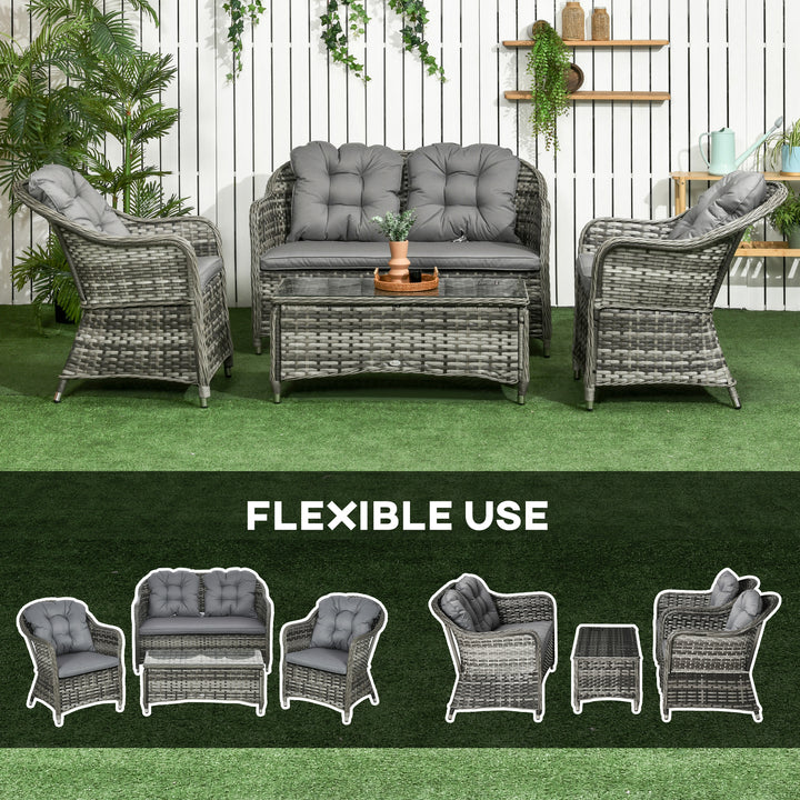 Four-Piece Rattan Sofa Set, with Glass-Top Table - Mixed Grey