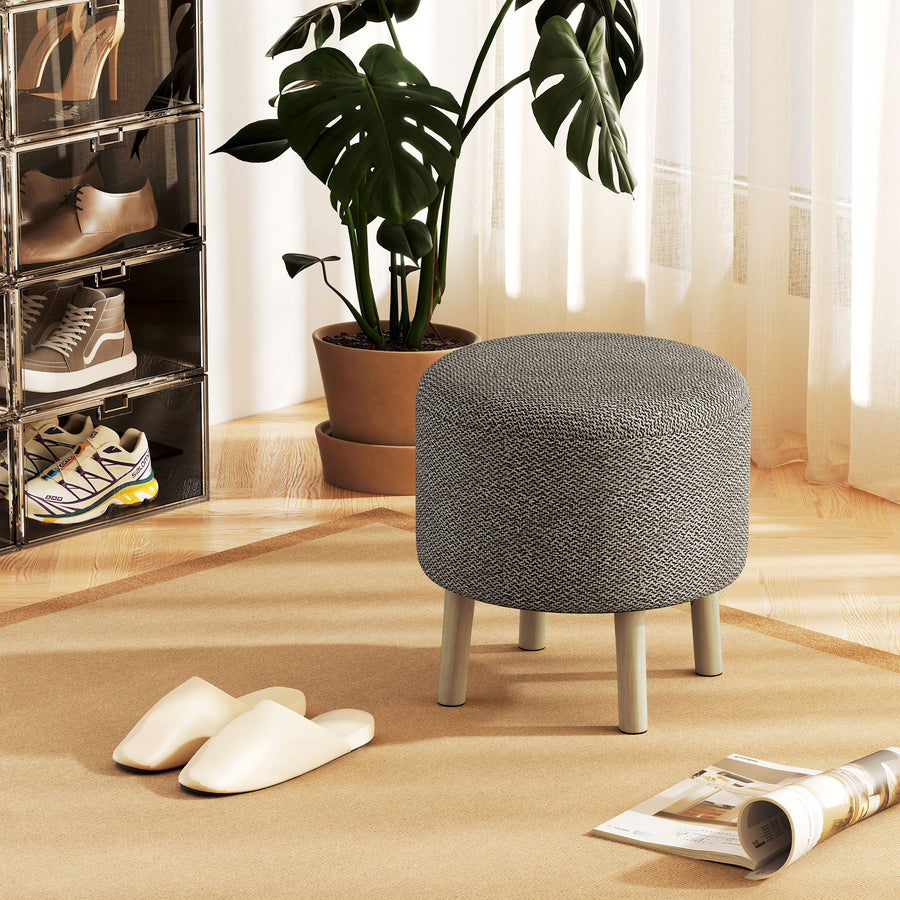 Round Linen-Look Storage Ottoman - Light Grey