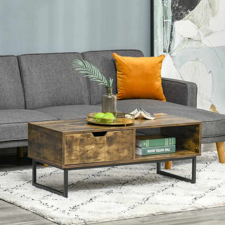 HOMCOM Industrial Coffee Table, Wooden Sofa Table with Storage Shelf and Drawer, Metal Frame, Rustic Brown, 106W x 48D x 43H cm | Aosom UK