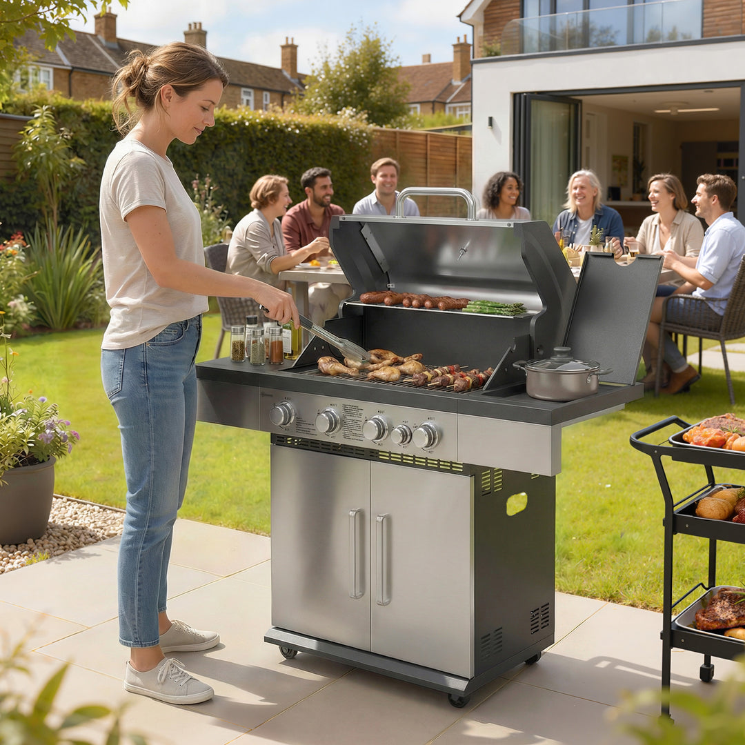 4+1 Burner Gas BBQ Grill, Portable Gas Barbecue Grill with Side Burner