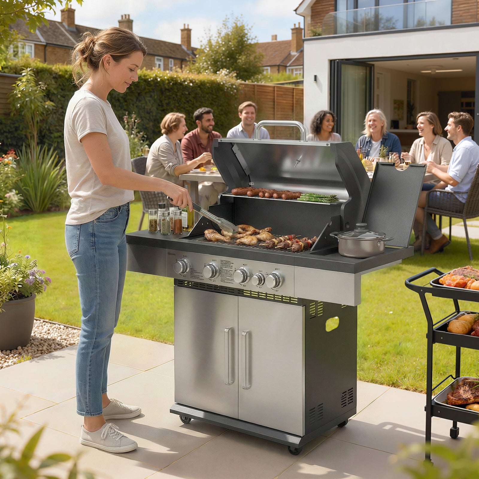 4+1 Burner Gas BBQ Grill, Portable Gas Barbecue Grill with Side Burner