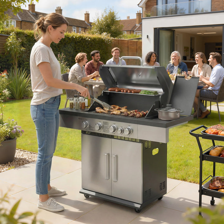 4+1 Burner Gas BBQ Grill, Portable Gas Barbecue Grill with Side Burner