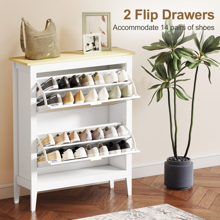 Narrow Shoe Cabinet, Boho Slim Shoe Storage Cabinet with 2 Flip Drawer
