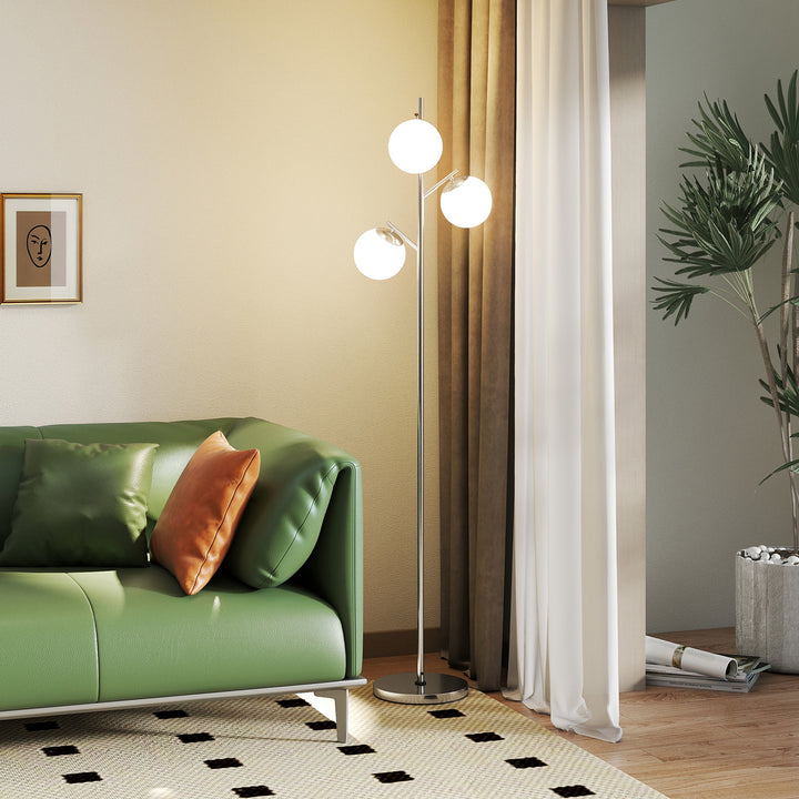 HOMCOM 3-Light Tree Floor Lamps for Living Room, Modern Standing Lamp for Bedroom with Globe Lampshade, 3000K/4000K/6000K Colour Temperatures, Steel Base, Silver Tone