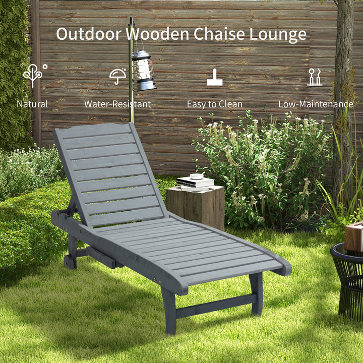 Garden Patio Sun Lounger, Outdoor Wooden Sun Bed with Built-In Table, Reclining Backrest and Rolling Wheels for Sunbathing, Grey
