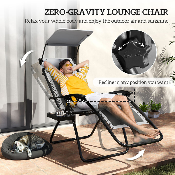 Zero Gravity Lounger Chair Set of 2, Folding Reclining Patio Chair with Shade Cover, Padded Seat, Cup Holder, Soft Cushion and Headrest for Poolside, Camping, Light Grey