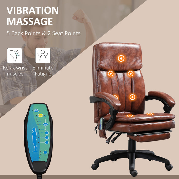 PU Leather Office Chair with 7 Point Vibrating Massage, Computer Desk Chair with Footrest, Adjustable Height, Reclining Back, Brown