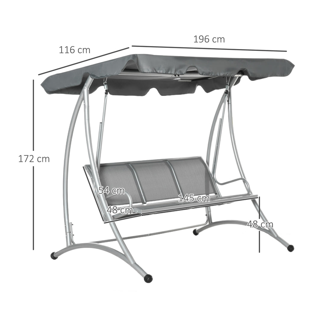 MCL Three Person Steel Outdoor Porch Swing Chair Bench w/ Canopy Cover Grey