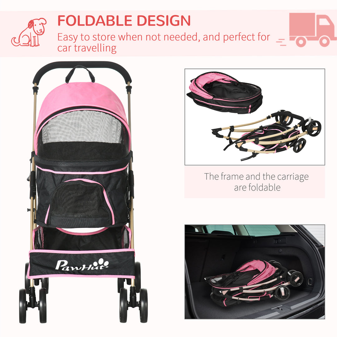 Detachable Pet Stroller with Rain Cover, 3 In 1 Cat Dog Pushchair, Foldable Carrying Bag w/ Universal Wheels, Brake, Canopy, Basket, Storage Bag for Small and Tiny Dogs - Pink