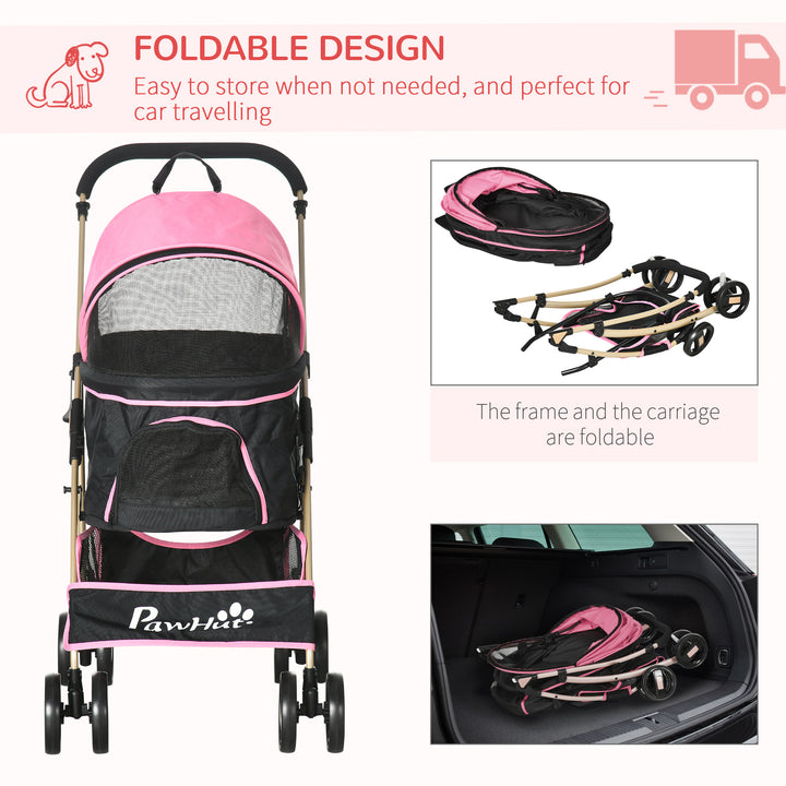Detachable Pet Stroller with Rain Cover, 3 In 1 Cat Dog Pushchair, Foldable Carrying Bag w/ Universal Wheels, Brake, Canopy, Basket, Storage Bag for Small and Tiny Dogs - Pink