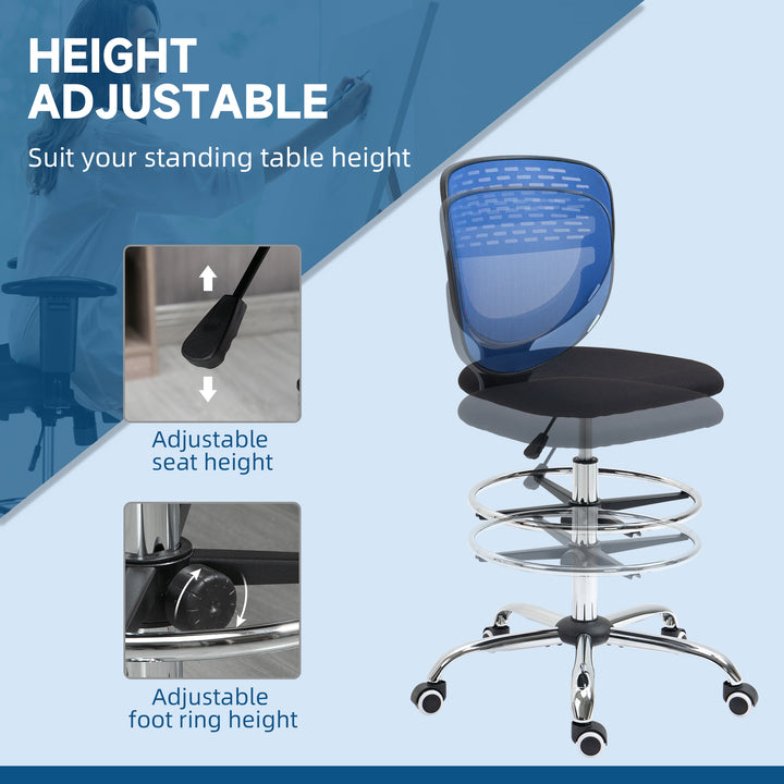 Drafting Chair, Swivel Office Draughtsman Chair, Mesh Standing Desk Chair with Adjustable Foot Ring, Armless, Dark Blue