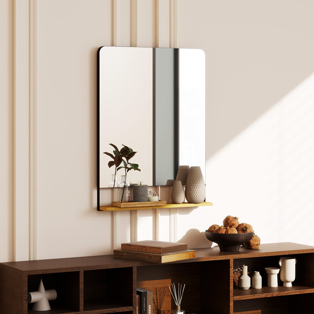 Wall Mirror with Wood Shelf - Black