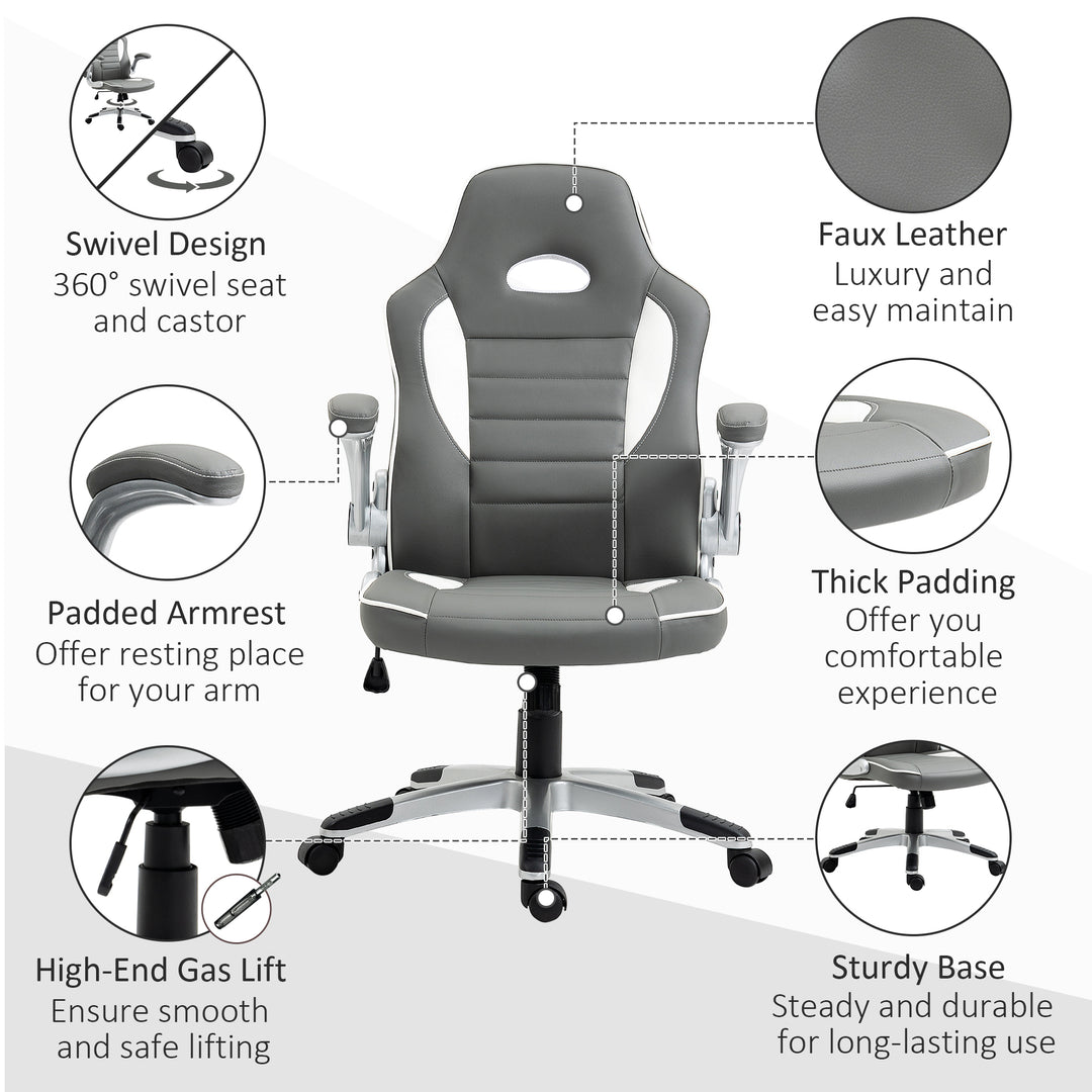 Computer Gaming Chair, Office Desk Swivel Chair, PU Leather Racing Chair with 90° Flip-up Armrest, Adjustable Height and Rolling Wheels, Grey