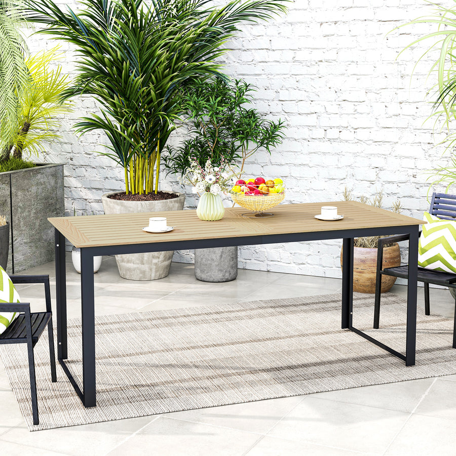 Garden Table for 6 People, 175 x 78 x 75 cm Rectangle Outdoor Dining Table with Slatted Top, Metal Frame, for Balcony, Deck, Teak