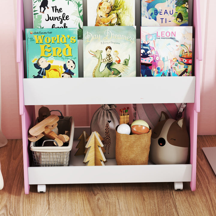 Kids Bookshelf with Toy Storage, Double-Sided Bookcase with Wheels, 3 Tier Kids Book Rack for Bedroom