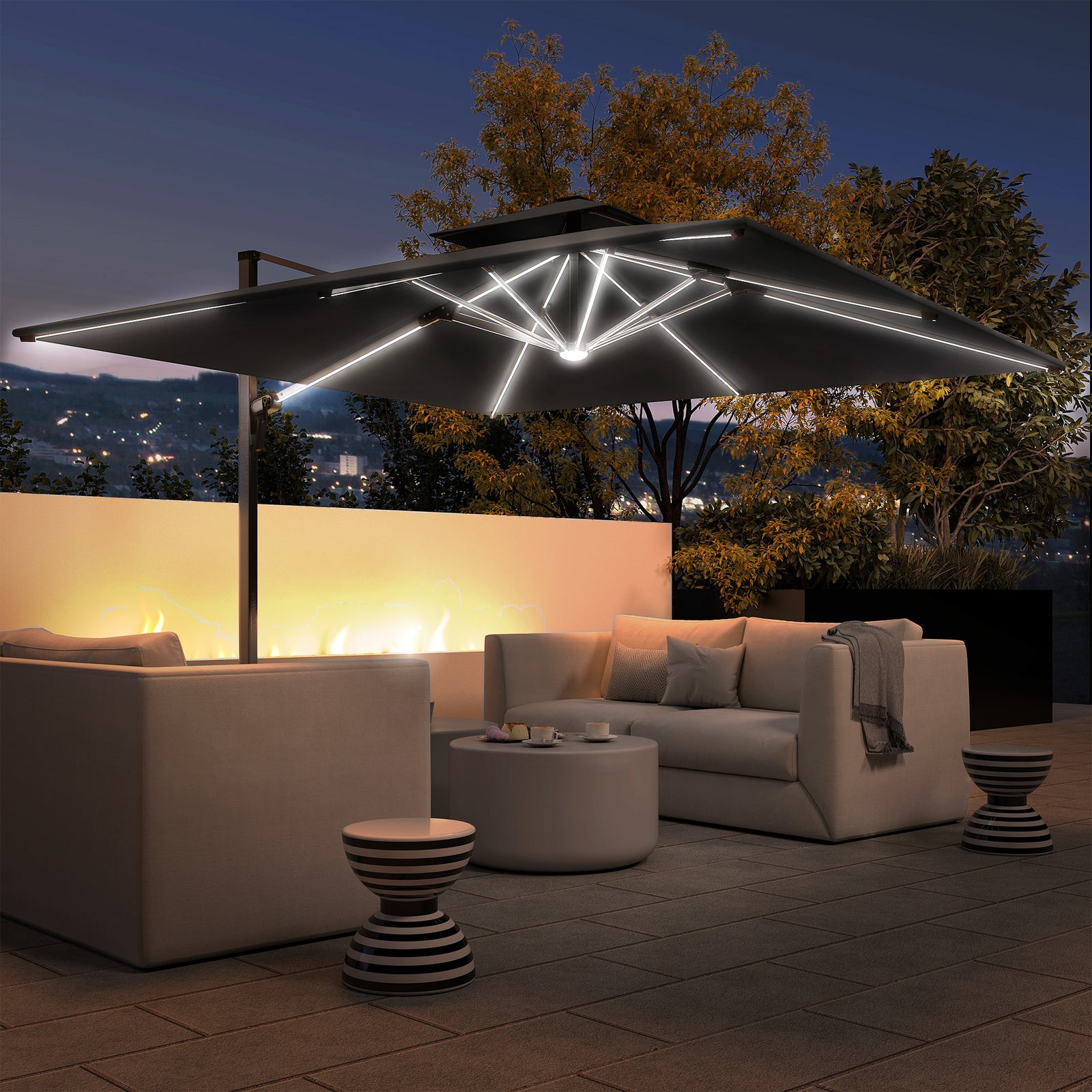 3(m) Garden Cantilever Parasol with Solar LED Lights, Cross Base, 360° Rotation, Crank Handle and Tilt, Grey