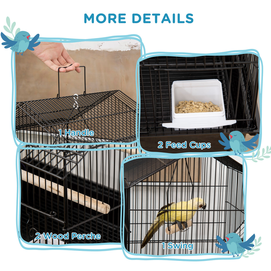 MCL Metal Bird Cage with Plastic Swing Perch Food Container Tray Handle for Finch Canary Budgie 43.5 x 33 x 63 cm, Black