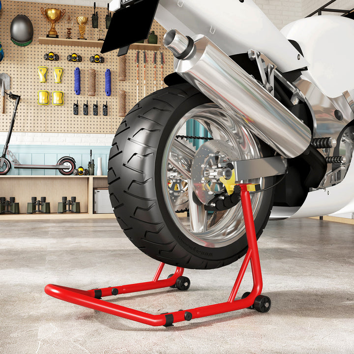 Motorcycle Rear Wheel Stand, 544 kg Capacity Heavy Duty Steel Motorbike Motorcycle Paddock Stand Lift with Adjustable U + L Forks, Wheels, Non-Slip Pads for Workshop Garage Repair, Red