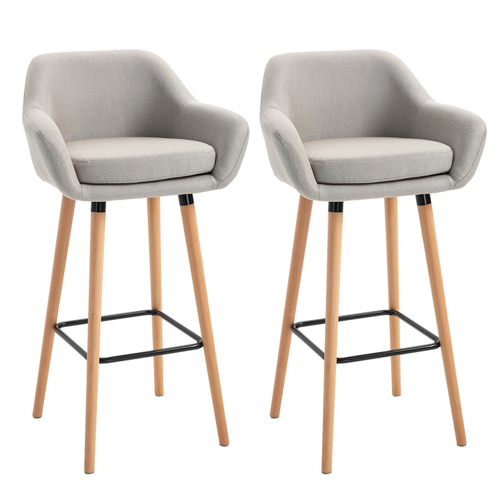 HOMCOM Pair of Bar Chairs, Counter Bar Stool with Metal Frame & Solid Wood Legs, Fabric Seating for Dining Room, Beige | Aosom UK