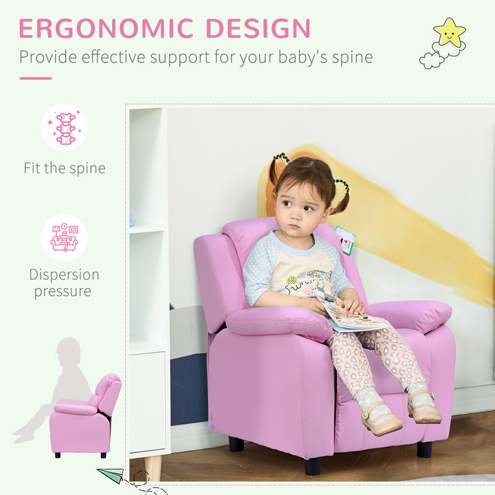 HOMCOM Kids Children Recliner Lounger Armchair Games Chair Sofa Seat PU Leather Look w/ Storage Space on Arms (Pink) | Aosom UK